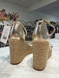 Stuart Weitzman Gold Nudist Square Toe Espadrille Platform Wedge Sandals, 10