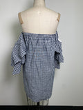 Olivaceous Black Gingham Off Shoulder Dress, M (No Belt)