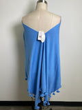 New Caroline Grace Blue Cotton Cashmere Tassel Trim Topper, One Size