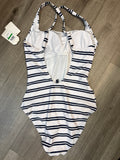 New Nautica White/Navy Stripe One Piece Swimsuit, L