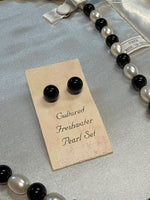 Genuine Cultured Freshwater Pearl Black/White Necklace + Bracelet + Earrings with 10K Gold Clasp