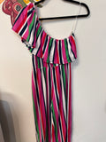 Entro Stripe 22" Inseam Cropped One Shoulder Jumpsuit, M