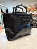 Anna Paola Black Leather Crossbody Tote Bag, 13"x16"