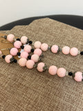 Vintage Pink Glass with Black Spinel Accents Necklace + Earrings, 23"