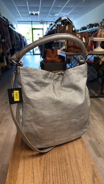 New Frye Silver Metallic Leather Melissa Hobo Bag, 12.5"W x 12.5"H x 5"D