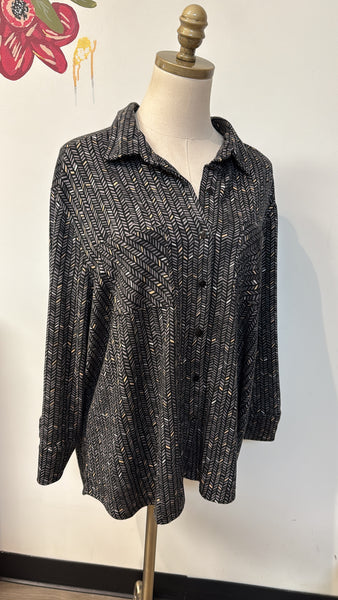 New NY Collection Black Print Button Front Top, 1X