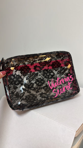 Victoria's Secret Clear Black Lace Zippered Pouch, 10"x7"