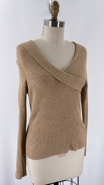 Anthropologie Brown Rib Knit Fitted Sweater, L