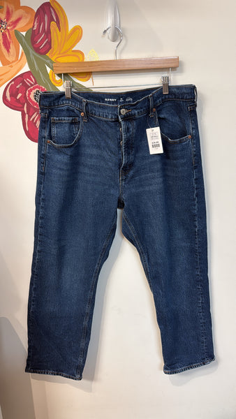 Old Navy Mid Rise Slouchy Straight Button Fly Jeans, 14 Petite