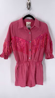 New Fantastic Fawn Pink Denim Tassel Romper, M