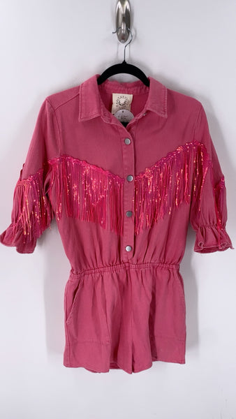 New Fantastic Fawn Pink Denim Tassel Romper, M