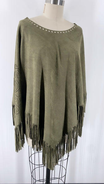 Cato Green Fringe Poncho, One Size
