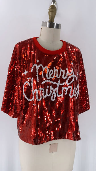New Simply Southern Red Sequin Merry Christmas Top, S