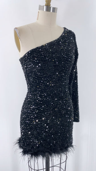 Fashion Nova Black Sequin One Shoulder Dress, S