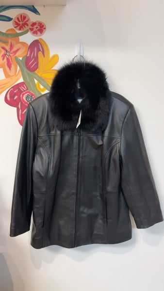 Worthington Black Leather & Fox Fur Removable Hood Jacket, L