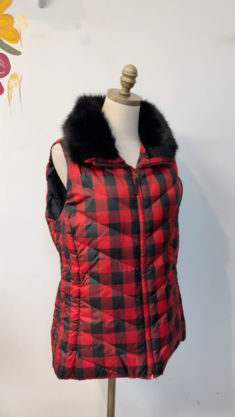 Talbots Red/Black with Removable Fur Collar Vest, L