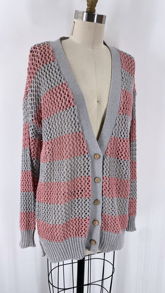 Pol Pink/Gray Open Stitch Cardigan, S