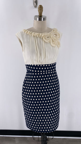New Suzi Chin Ivory/Blue Polka Dot Dress, 8