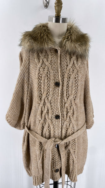 Loft Brown with Faux Fur Collar Cardigan, XL