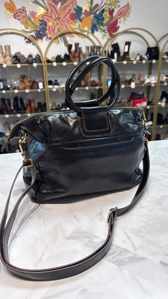Hobo Black Leather Crossbody Bag, 11"x9"