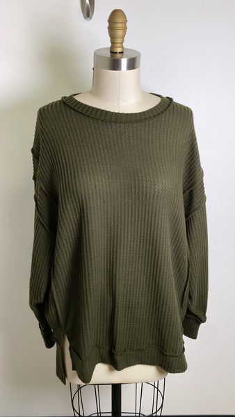 Zenana Green Waffle Knit Top, S/M