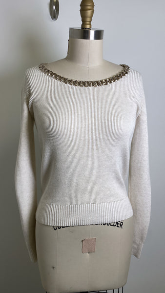 White House Black Market Cream with Silver Chain Detail Sweater, XS