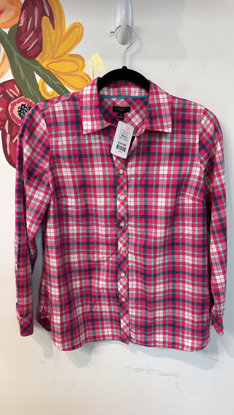 Talbots Pink Plaid Button Front Top, S Petite