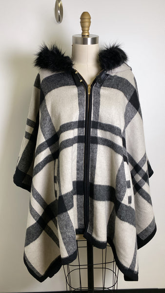 Via Spiga Plaid Zip Front Poncho, M/L