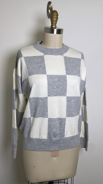New T Tahari Gray/White Check Sweater, XS
