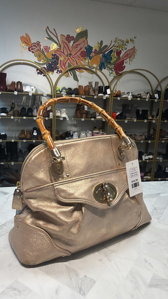 Elaine Turner Gold with Bamboo Handles Handbag, 13"x9" (no crossbody strap)
