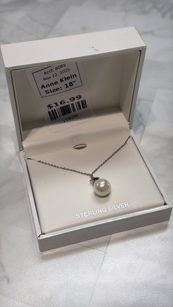 New Anne Klein Sterling Silver & Pearl Necklace, 18"