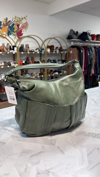 Tignanello Green Leather Shoulder Bag, 15"x10"