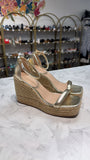 Stuart Weitzman Gold Nudist Square Toe Espadrille Platform Wedge Sandals, 10