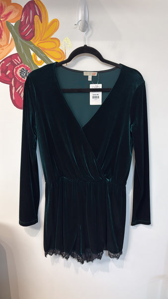 Gianni Bini Green Velvet Long Sleeve Romper, L