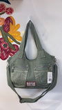 True Religion Green Horseshoe Stitch Satchel Bag, 13"x15"