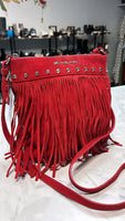 Michael Kors Red Suede Fringe Crossbody Bag, 9.5"x10"