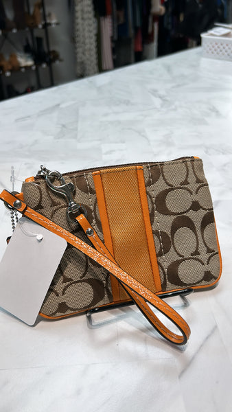 Coach Brown Signature with Orange Trim Wristlet, 6"x4"