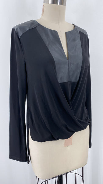 New BCBGMaxAzria Black with Faux Leather Trim Top, M (retail $98)