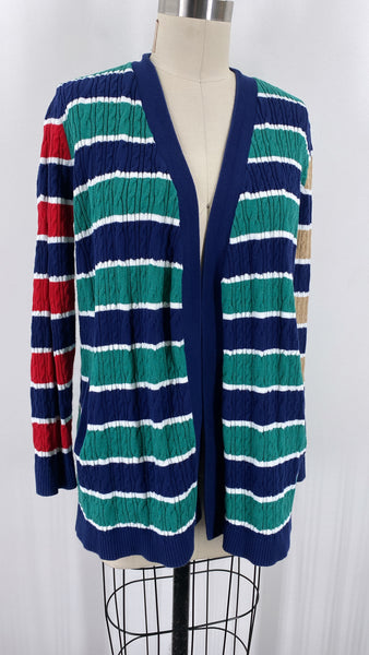 Lands End Navy/Green Stripe Cardigan, M