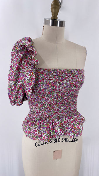 Do + Be Floral One Shoulder Smocked Top, L