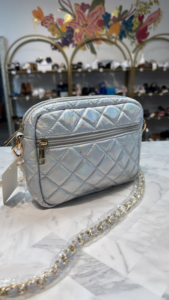 New Thomas & Lee Silver Quilted Crossbody Bag, 8"x6"