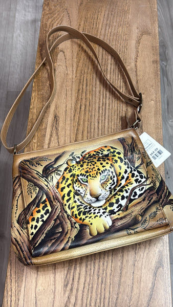 Anuschka Hand Painted Leopard Crossbody Bag, 10.5"x9.5"