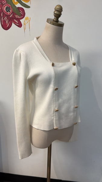 Chic Wish Ivory with Gold Heart Buttons Cropped Sweater, L