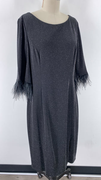 Adrianna Papell Black Metallic with Feather Trim Dress, 18