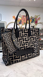 Balmain Black B-Army 42 Monogram Jacquard & Leather Tote Bag, 11.25"x13.5"