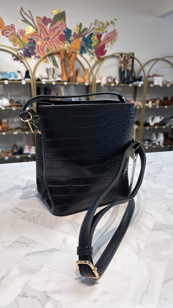 New Aota Black Croc Embossed Faux Leather Crossbody Bag, 8"x8"