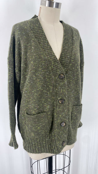 a.n.a. Green Button Front Pocket Cardigan, M Petite
