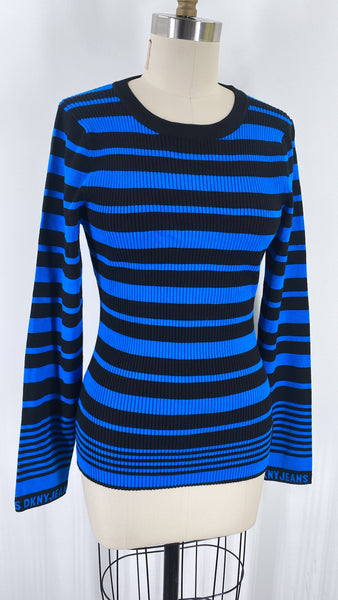 New DKNY Blue/Black Stripe Fitted Sweater, L