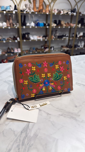 Brown clutch with colorful floral embroidery