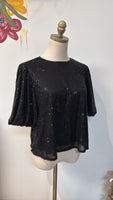 New She + Sky Black Sequin Top, S